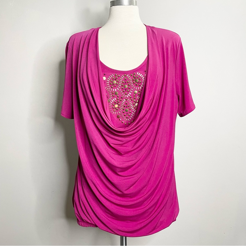 GABRIELLA ROSSI Draped Jersey Embellished Short Sleeve Blouse Top